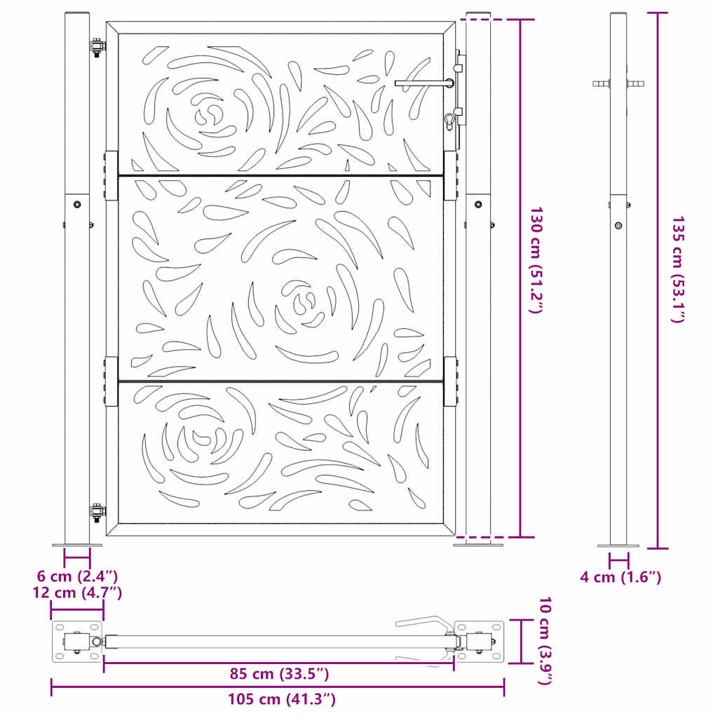 Portão de jardim 105x130 cm preto design de chama de aço