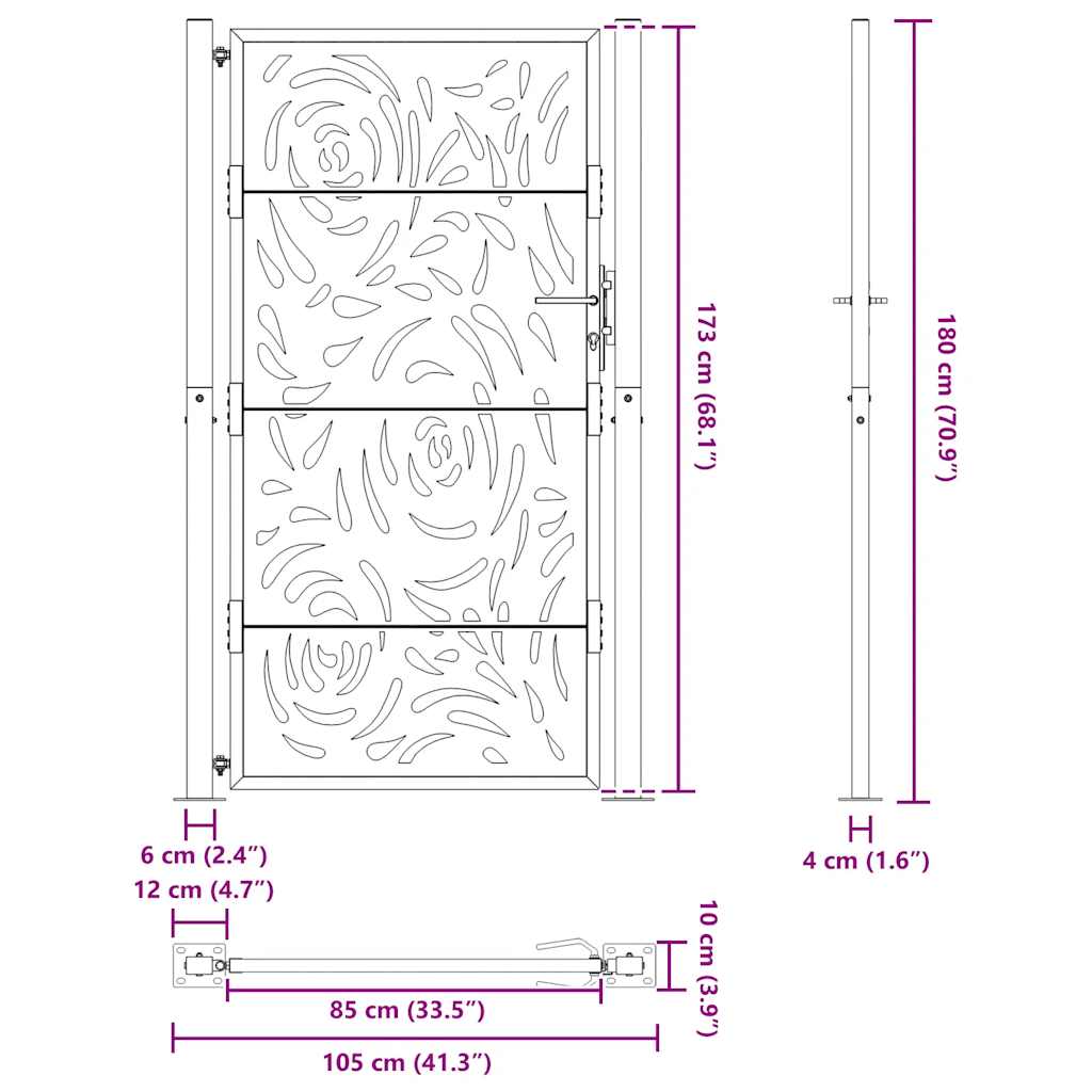 Portão de jardim 105x180 cm design de chama de aço preto