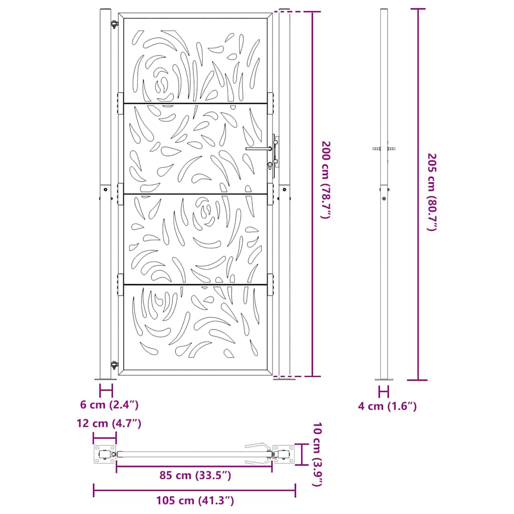 Portão de jardim 105x205 cm preto design de chama de aço