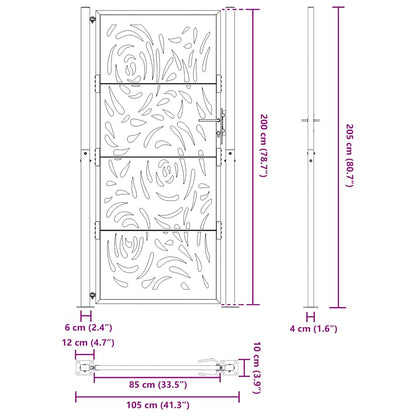 Portão de jardim 105x205 cm preto design de chama de aço