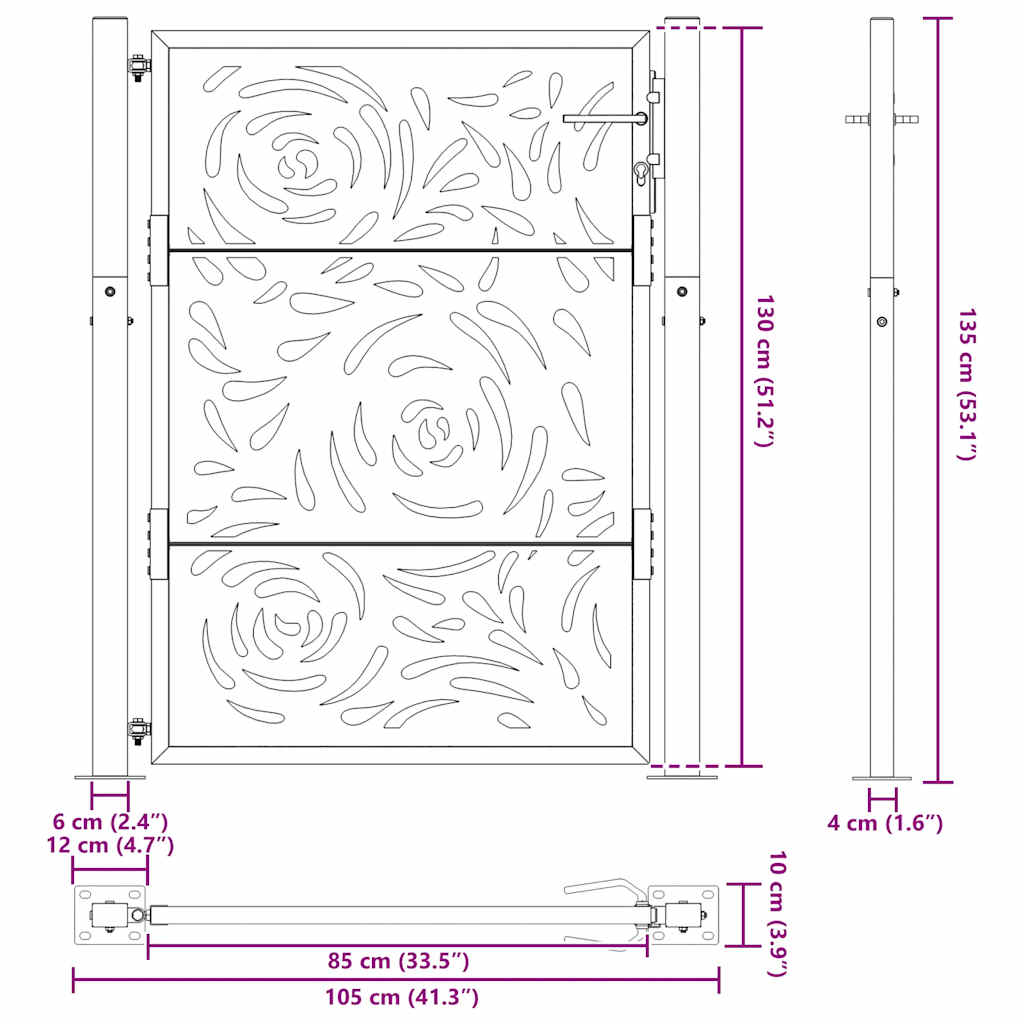 Portão de jardim 105x130 cm design de chama de aço resistente