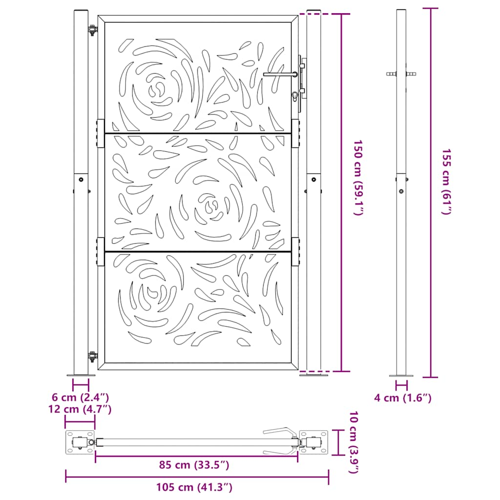 Portão de jardim 105x155 cm design de chama de aço resistente