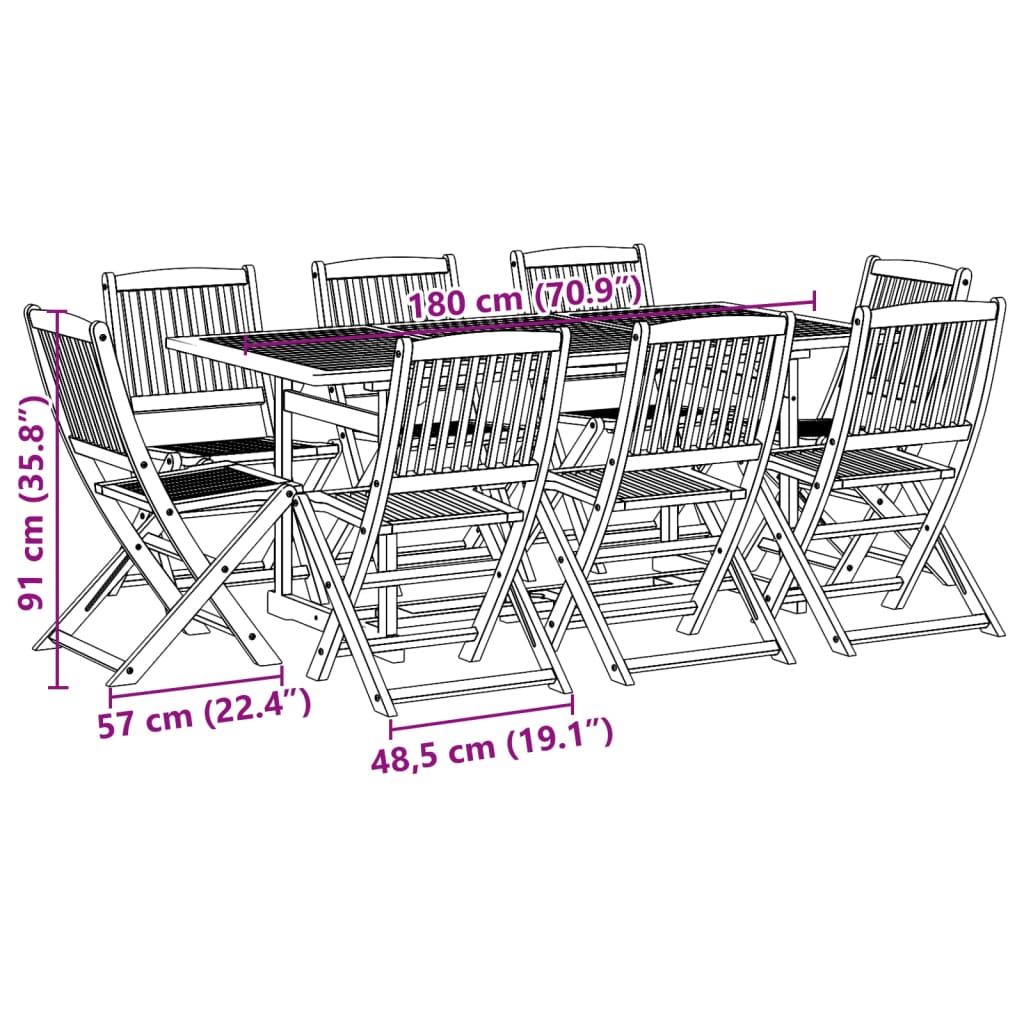 9 pcs conj. de jantar para jardim 180x90x75 cm acácia maciça