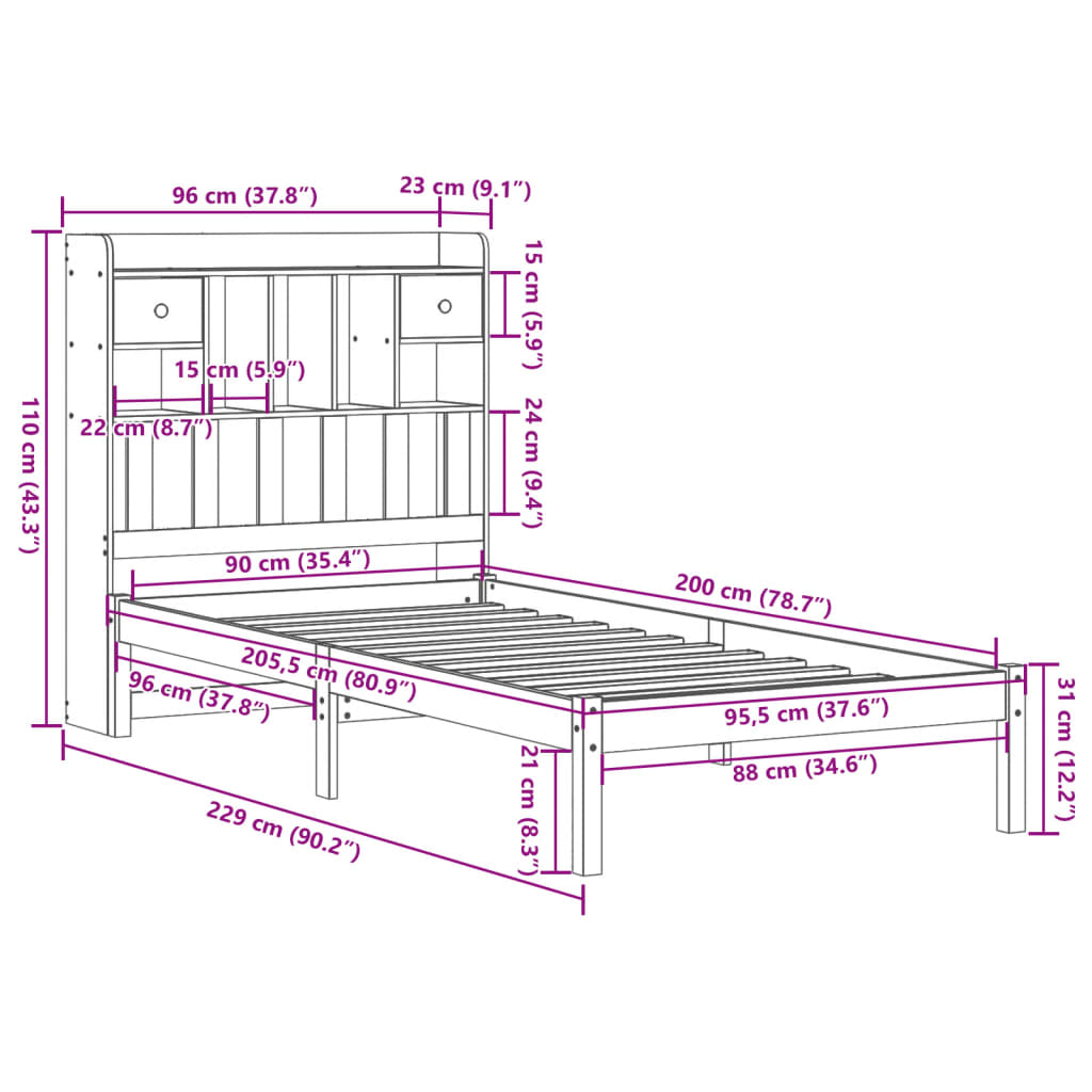 Cama com estante sem colchão 90x200 cm pinho maciço branco