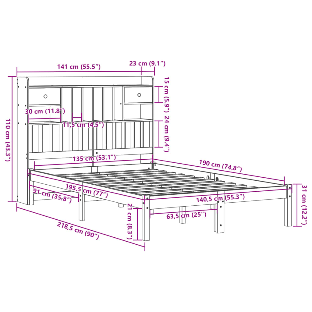 Cama com estante sem colchão 135x190 cm pinho maciço