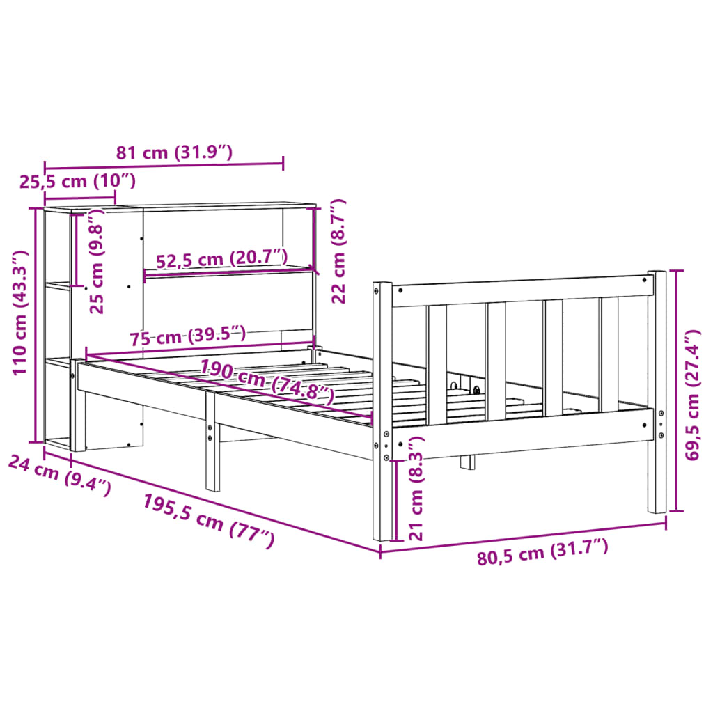 Cama com estante sem colchão 75x190cm pinho maciço castanho-mel