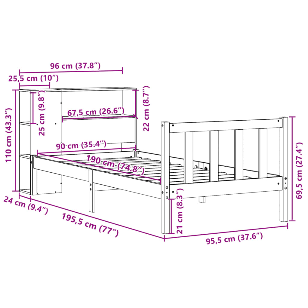 Cama com estante sem colchão 90x190cm pinho maciço castanho-mel