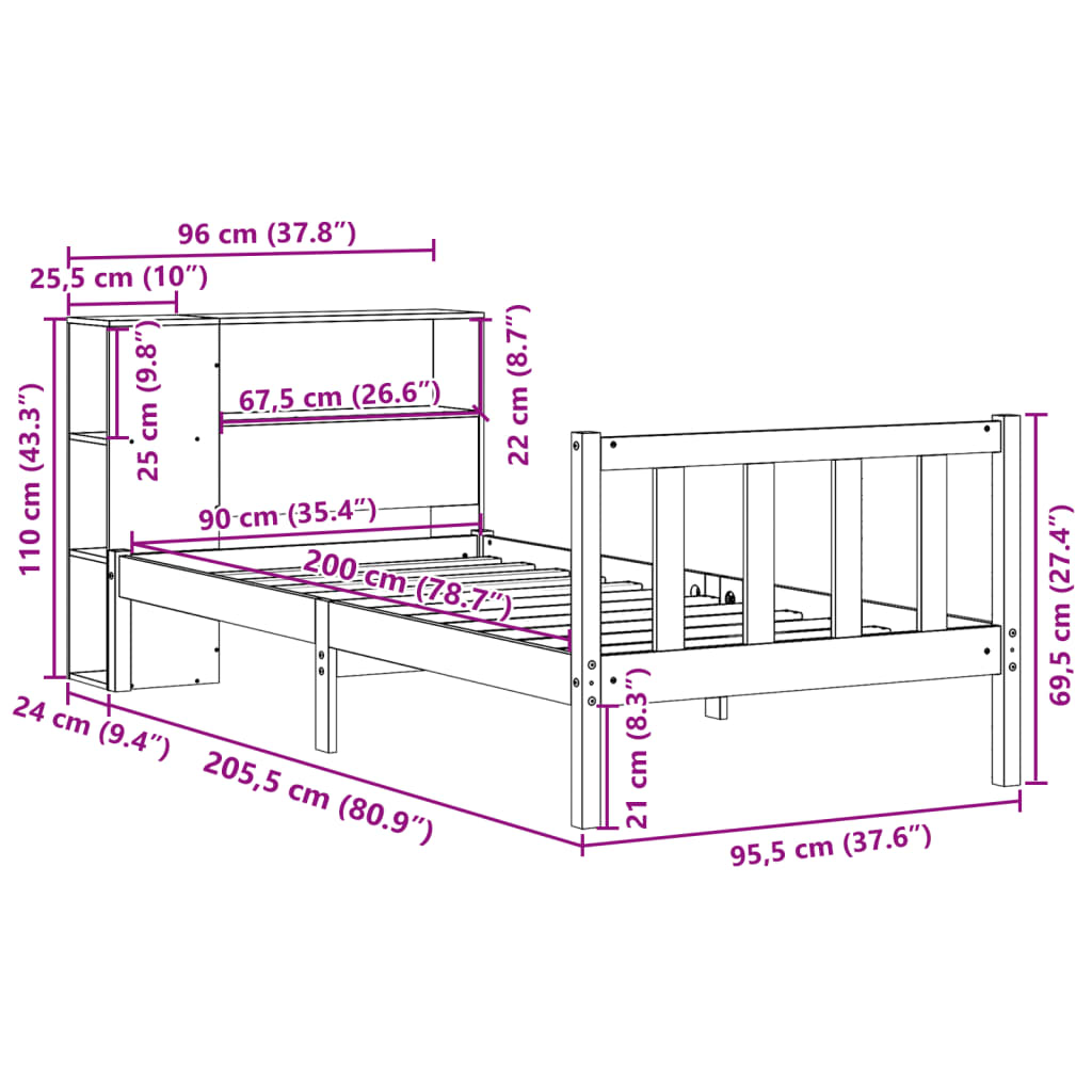 Cama com estante sem colchão 90x200cm pinho maciço castanho-mel