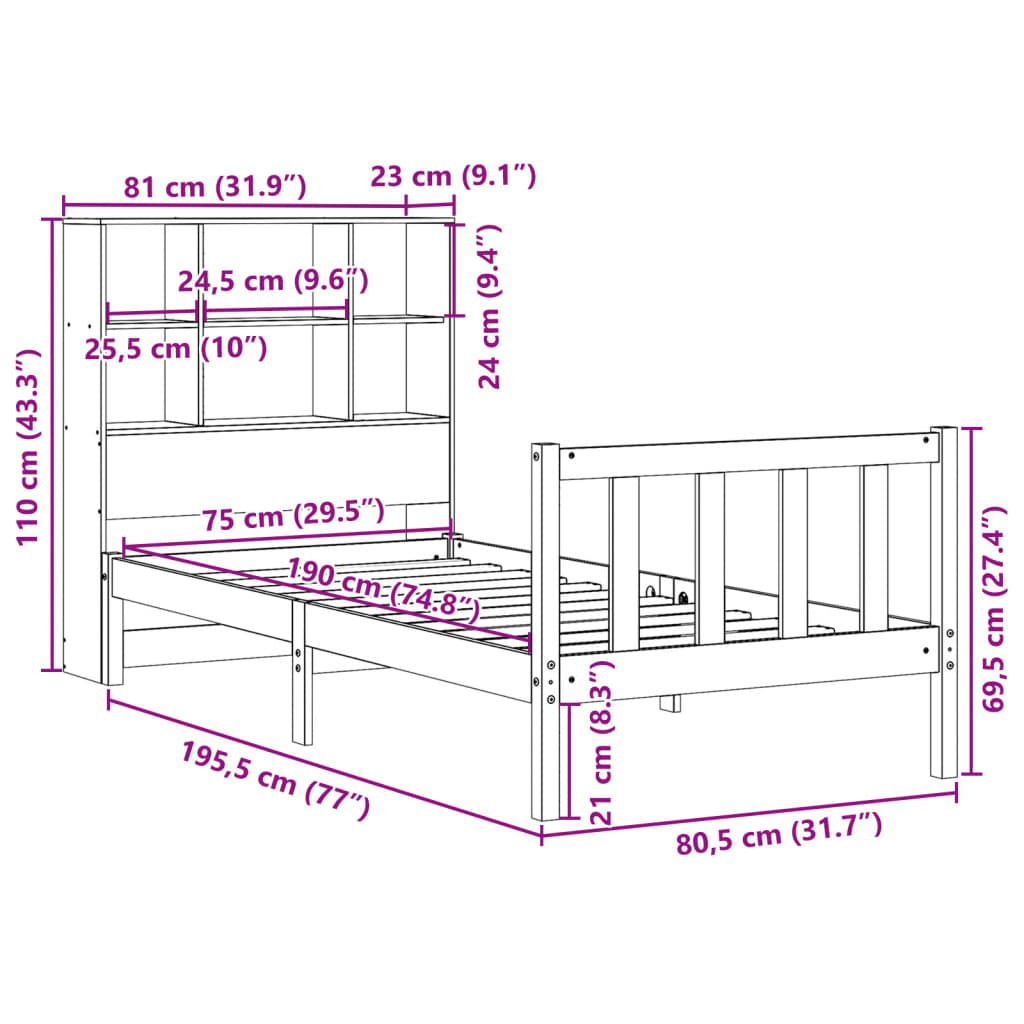 Cama com estante sem colchão 75x190 cm pinho maciço