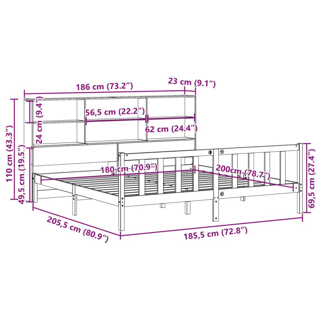 Cama com estante sem colchão 180x200 cm pinho maciço branco