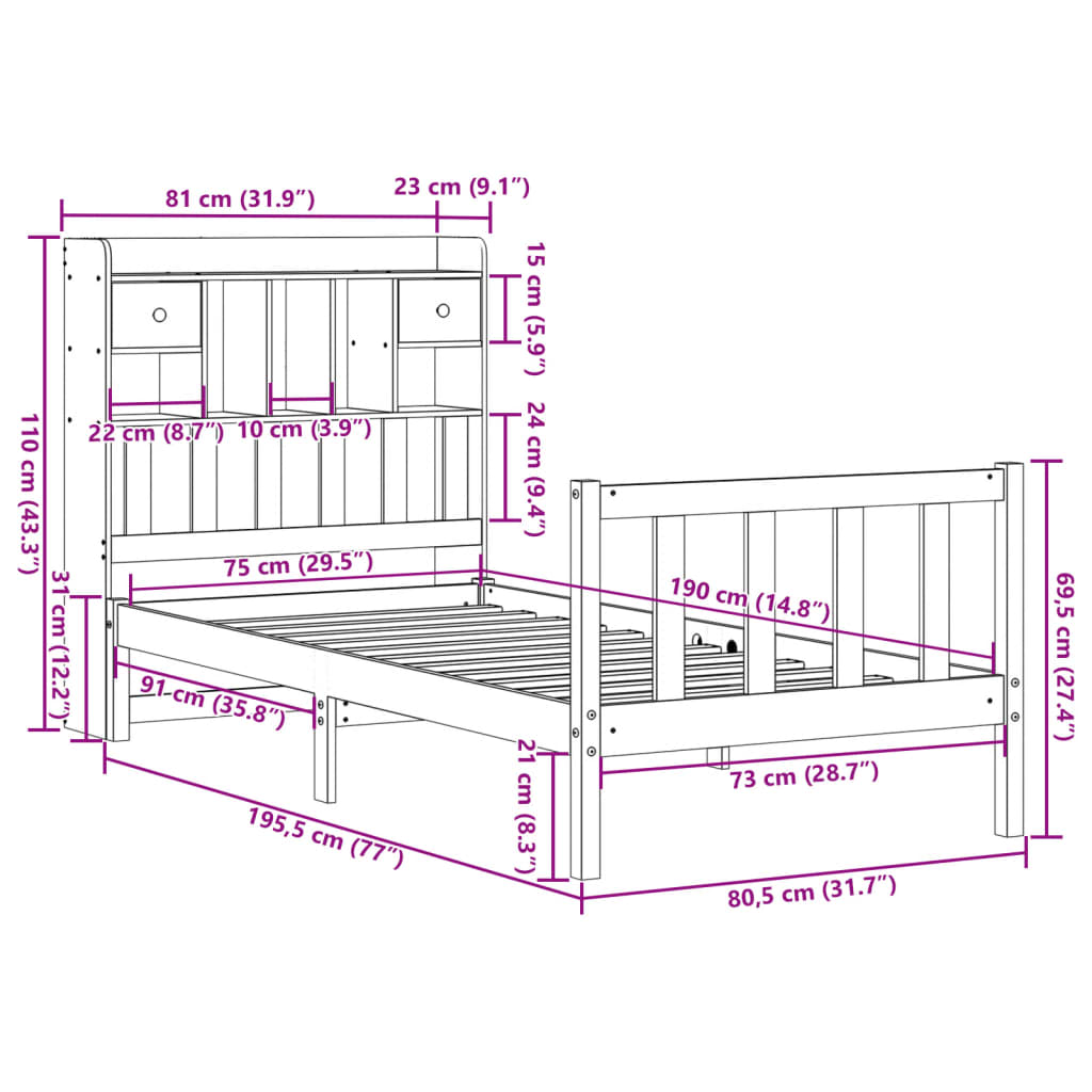 Cama com estante sem colchão 75x190 cm pinho maciço branco