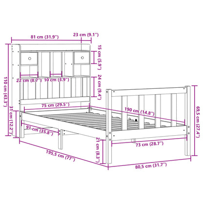 Cama com estante sem colchão 75x190 cm pinho maciço branco