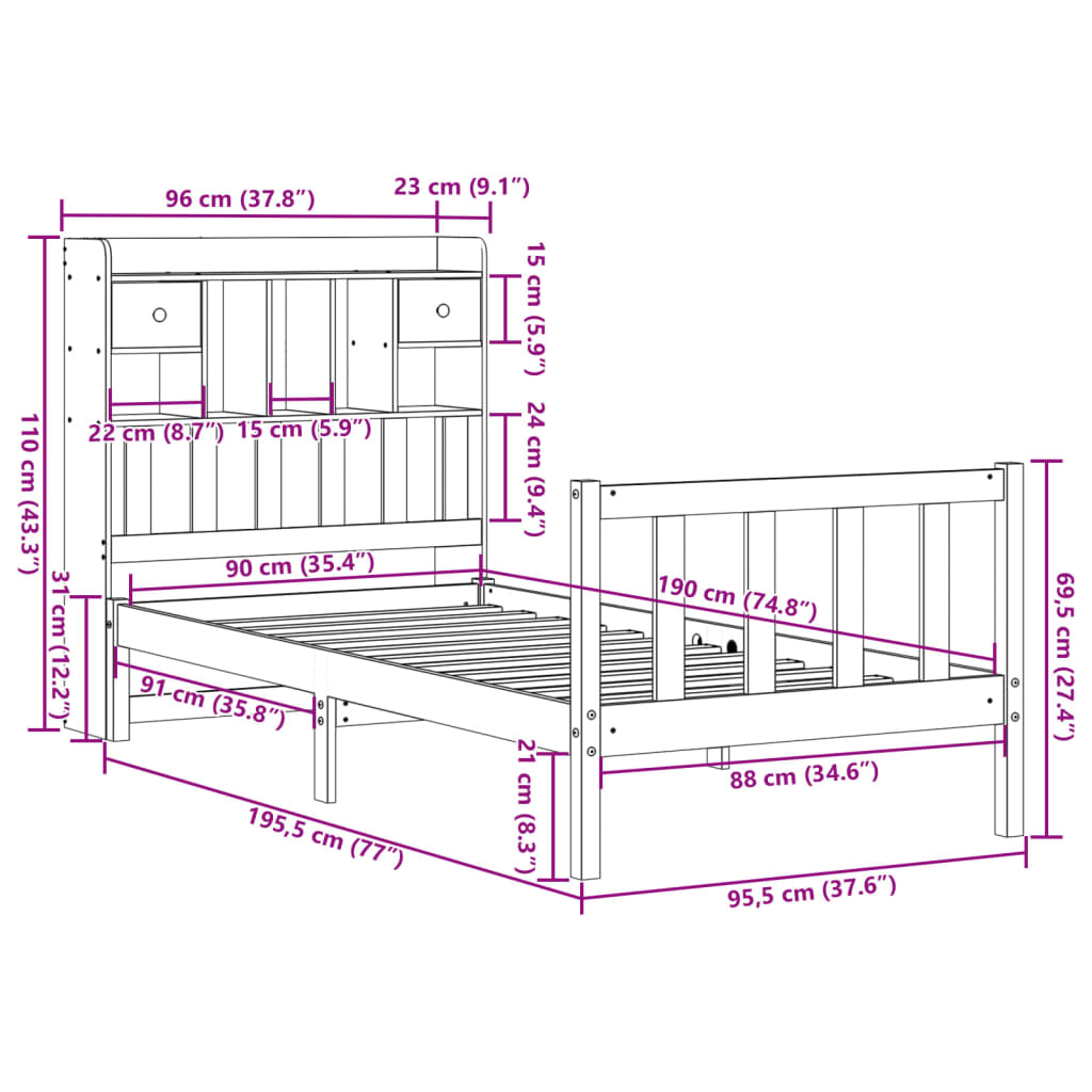 Cama com estante sem colchão 90x190 cm pinho maciço