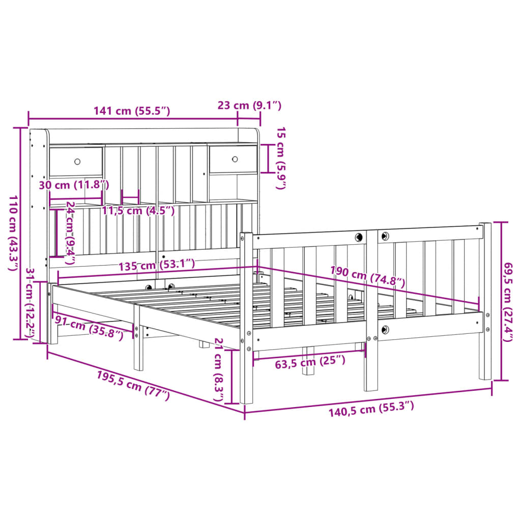 Cama com estante sem colchão 135x190 cm pinho maciço branco