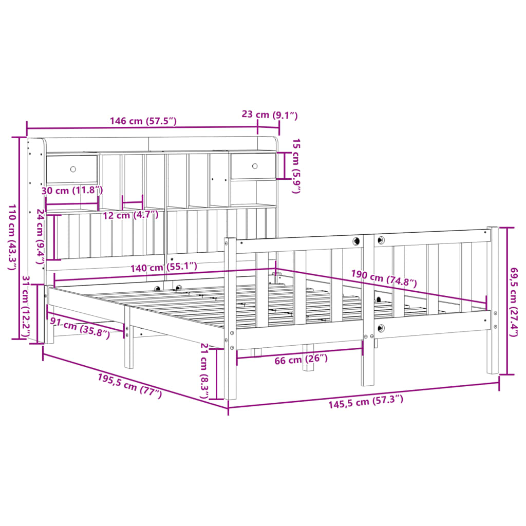 Cama com estante sem colchão 140x190 cm pinho maciço branco