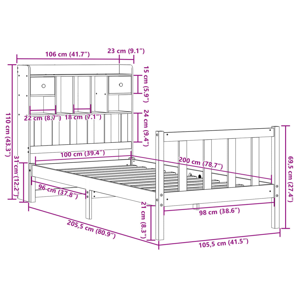 Cama com estante sem colchão 100x200 cm pinho maciço branco