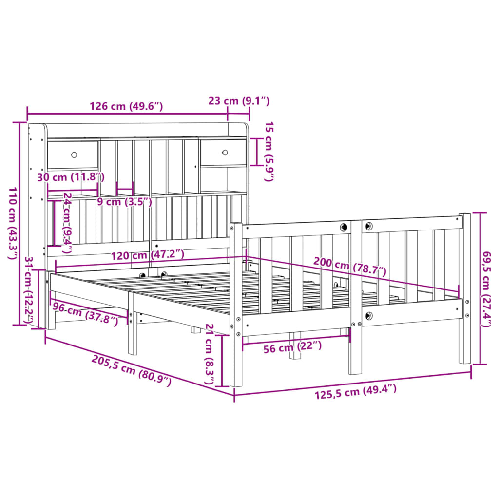 Cama com estante sem colchão 120x200 cm pinho maciço branco