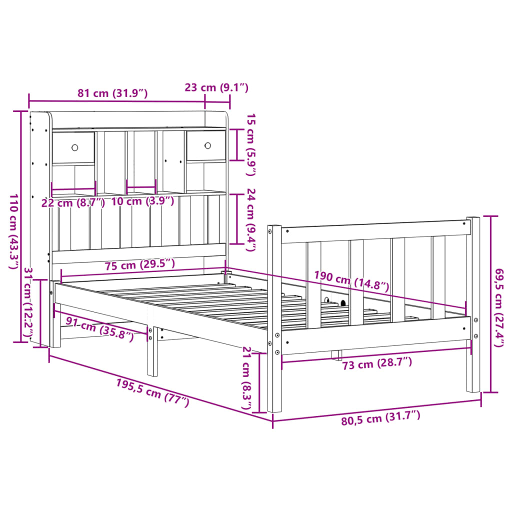 Cama com estante sem colchão 75x190cm pinho maciço castanho-mel