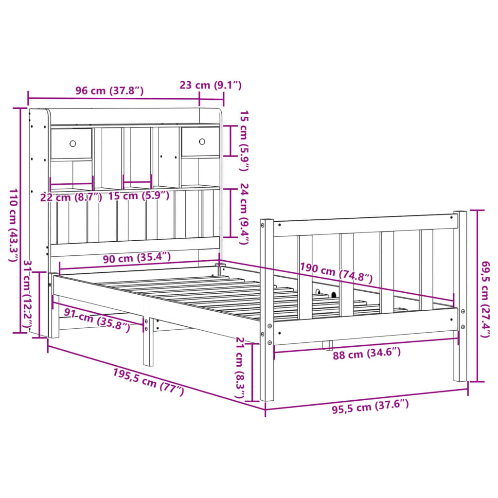 Cama com estante sem colchão 90x190cm pinho maciço castanho-mel