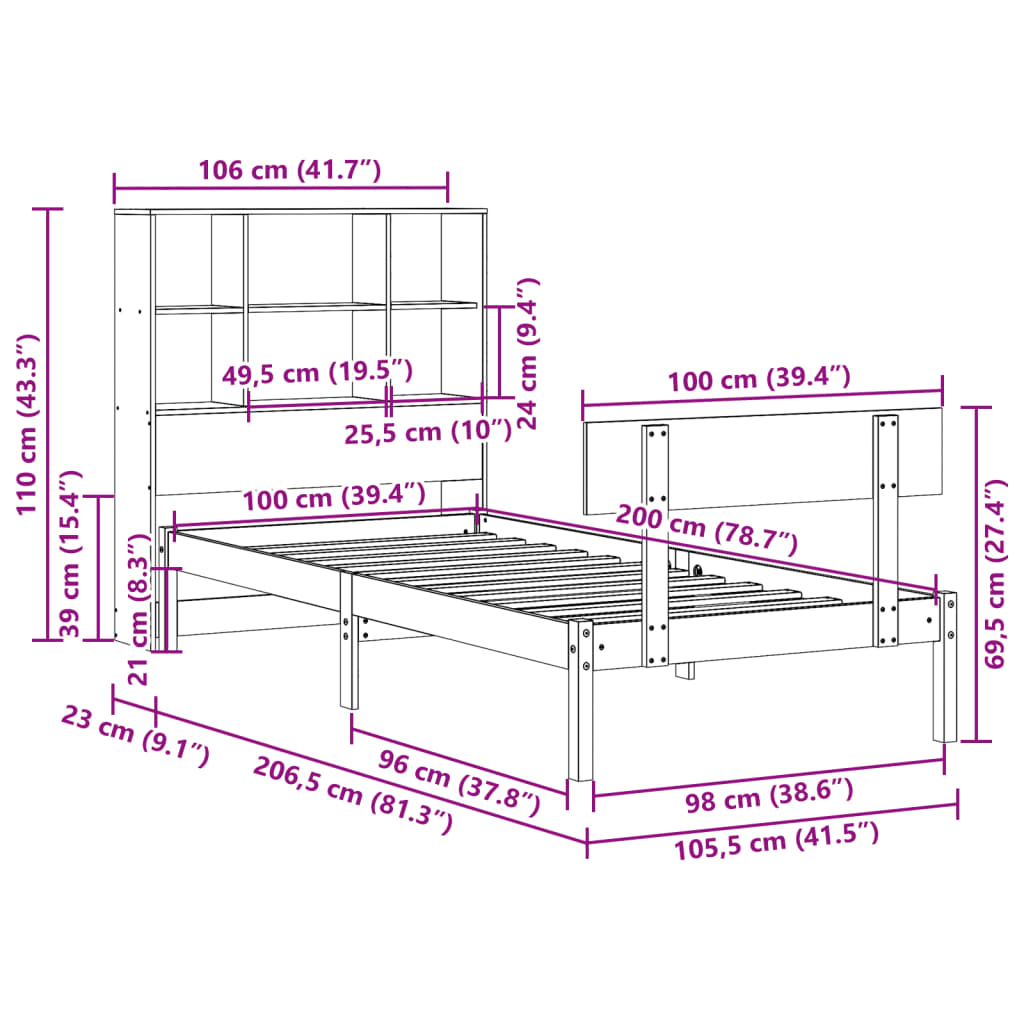 Cama com estante sem colchão 100x200 cm pinho maciço