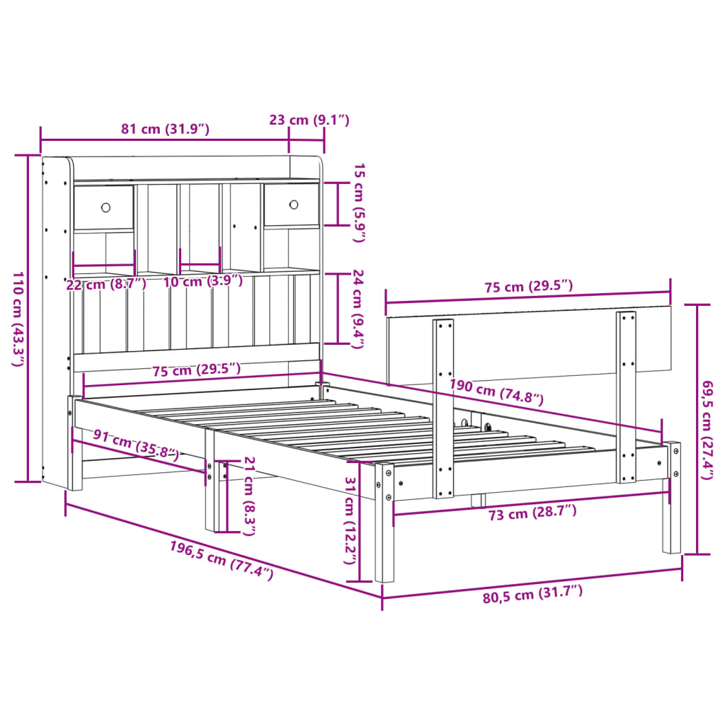 Cama com estante sem colchão 75x190 cm pinho maciço branco