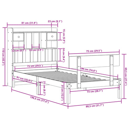 Cama com estante sem colchão 75x190 cm pinho maciço branco