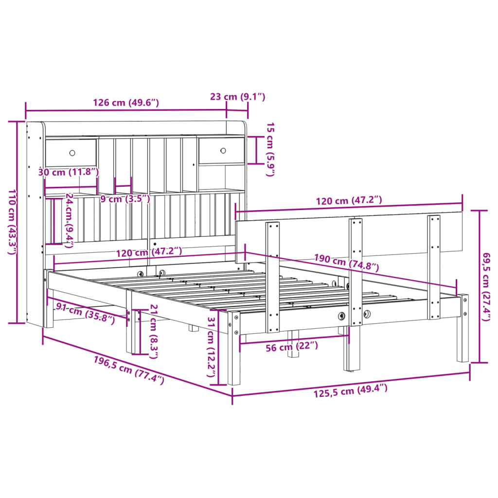 Cama com estante sem colchão 120x190 cm pinho maciço