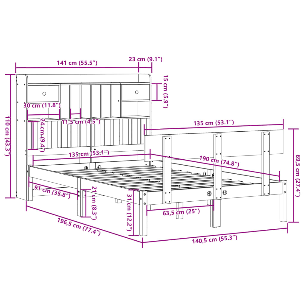 Cama com estante sem colchão 135x190 cm pinho maciço branco