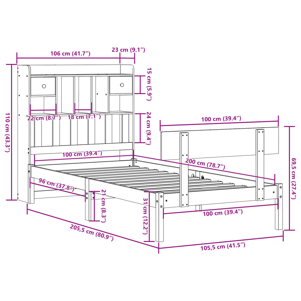 Cama com estante sem colchão 100x200 cm pinho maciço