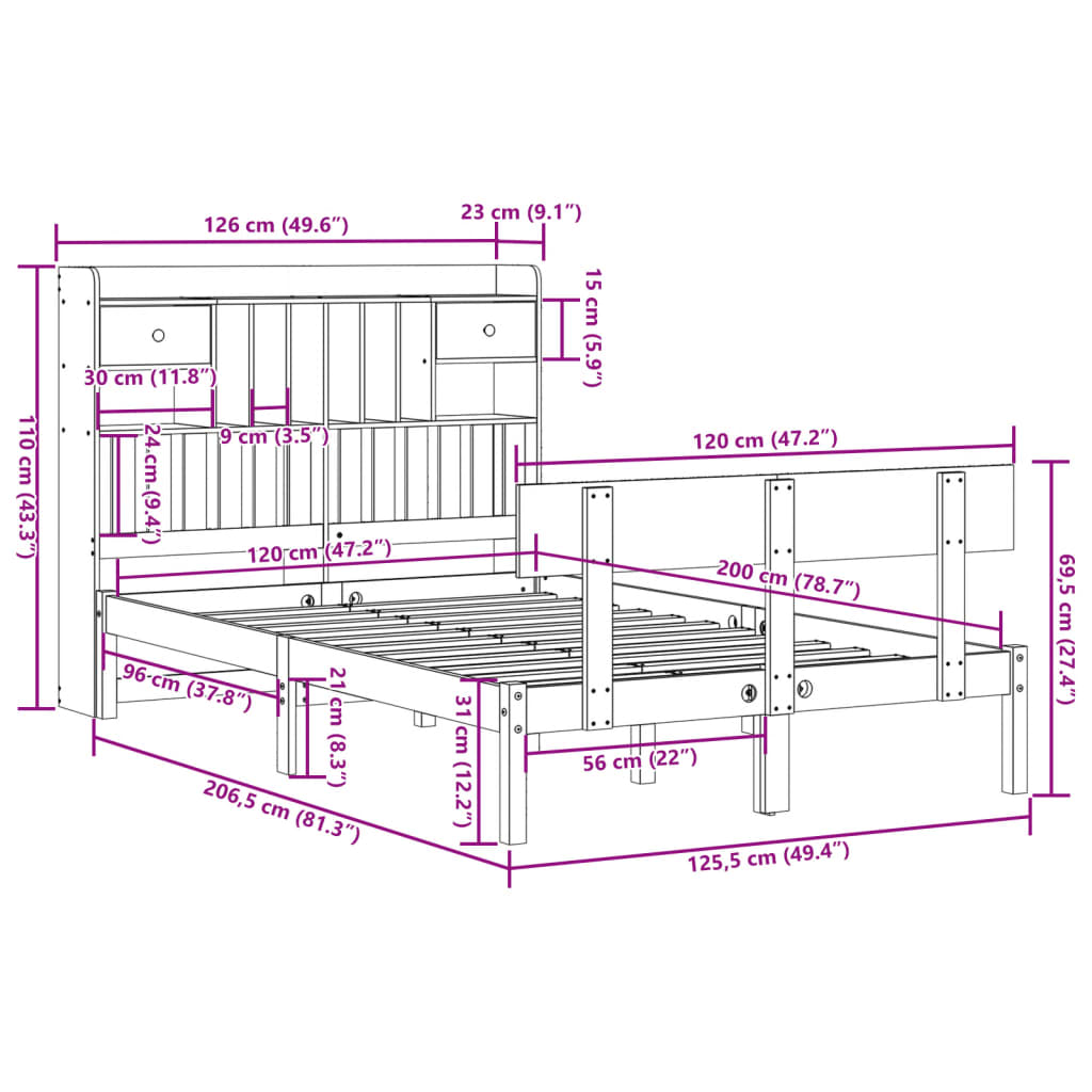 Cama com estante sem colchão 120x200 cm pinho maciço