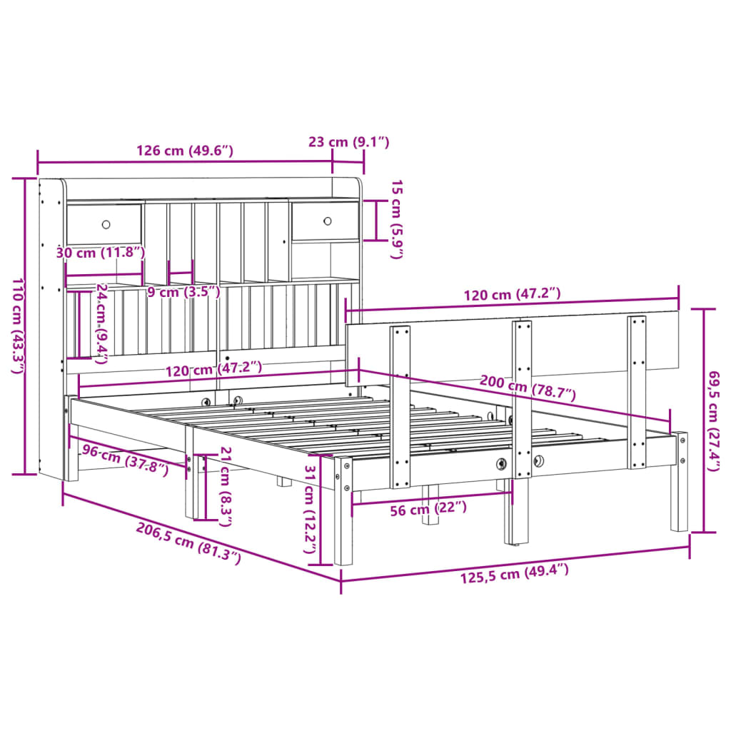 Cama com estante sem colchão 120x200 cm pinho maciço branco