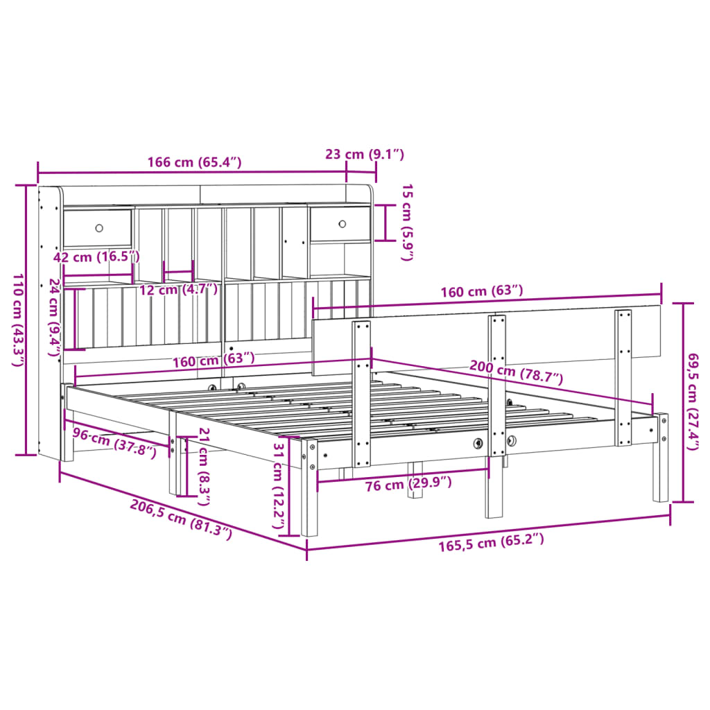 Cama com estante sem colchão 160x200 cm pinho maciço branco