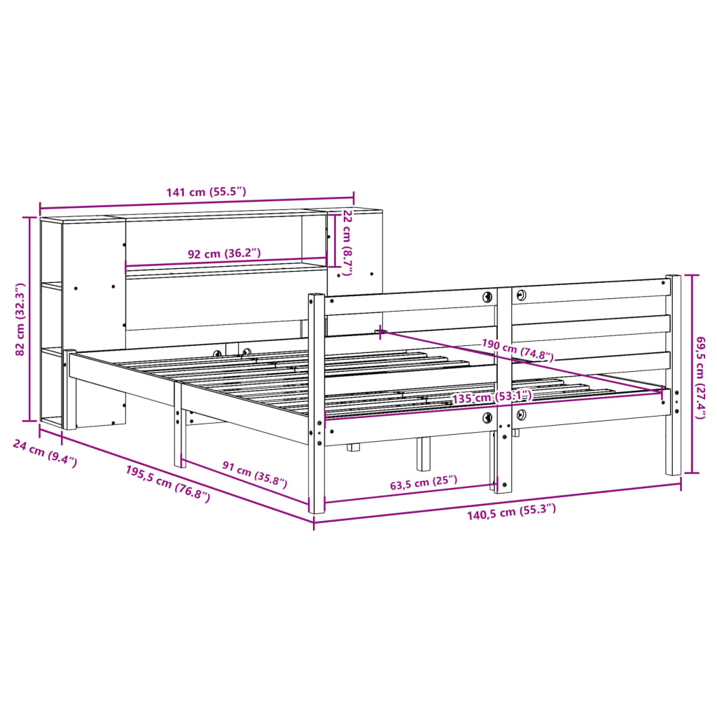 Cama com estante sem colchão 135x190 cm pinho maciço