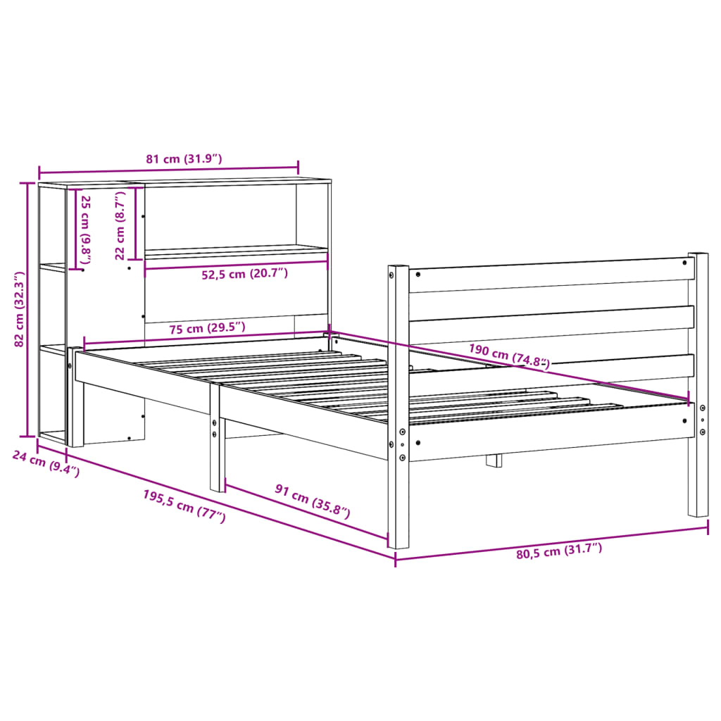 Cama com estante sem colchão 75x190 cm madeira maciça