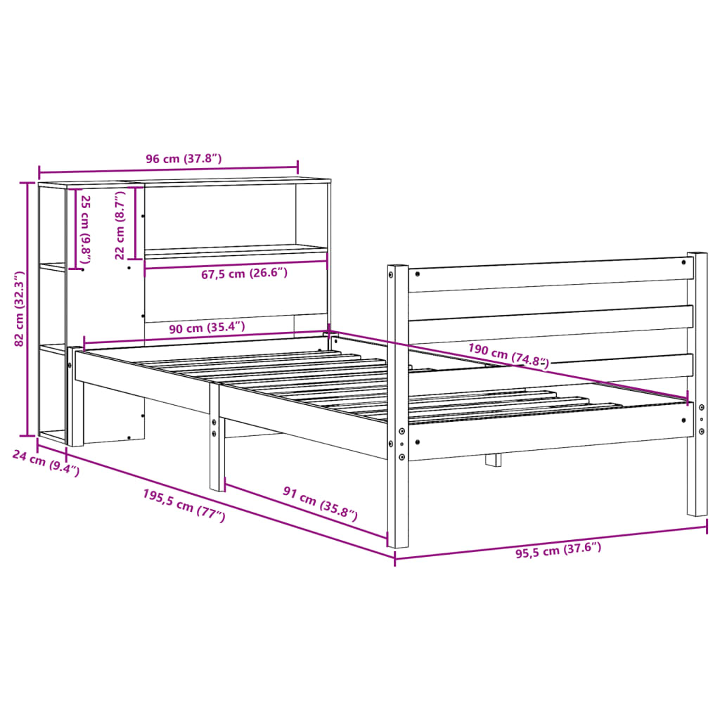 Cama com estante sem colchão 90x190 cm madeira maciça