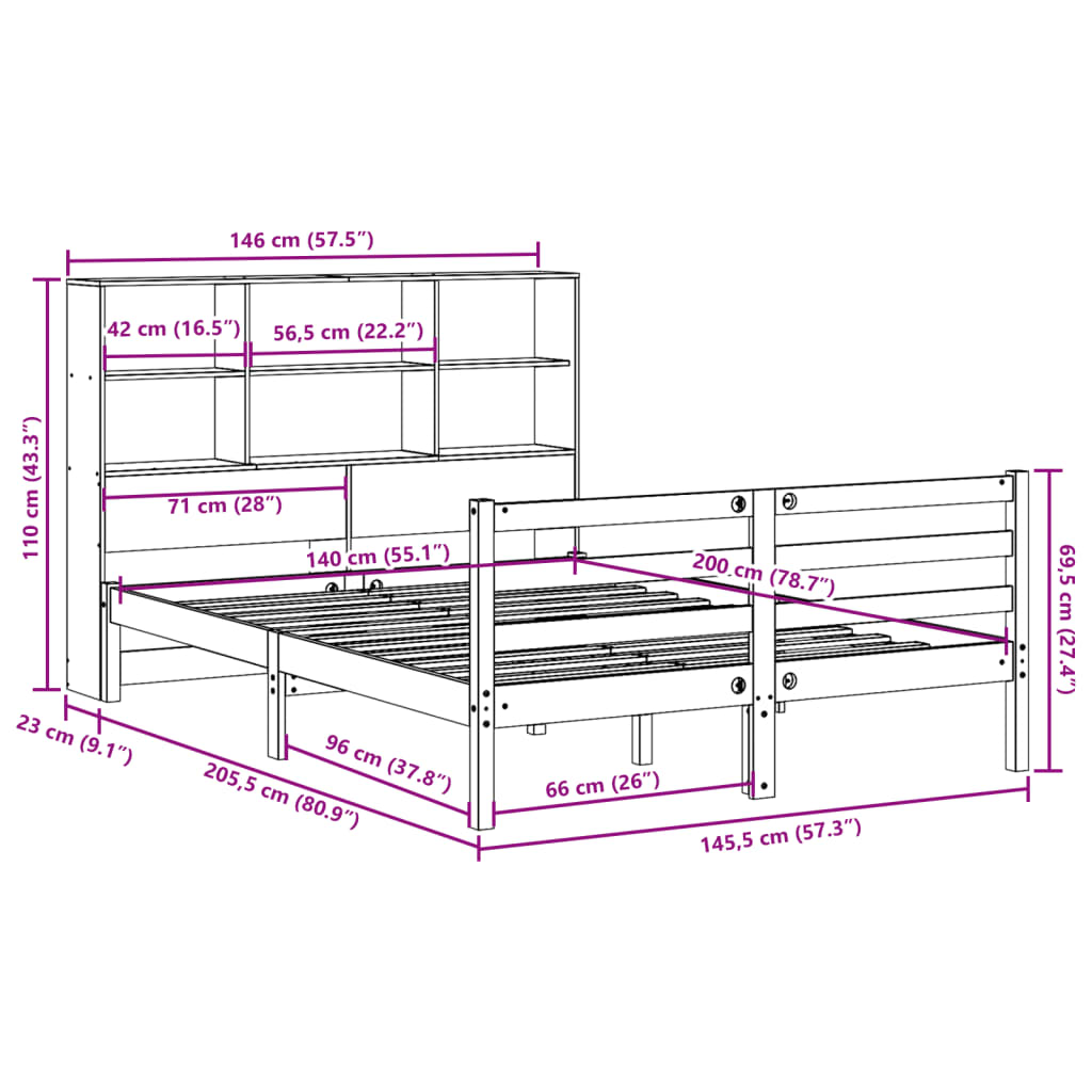 Cama com estante sem colchão 140x200 cm pinho maciço branco