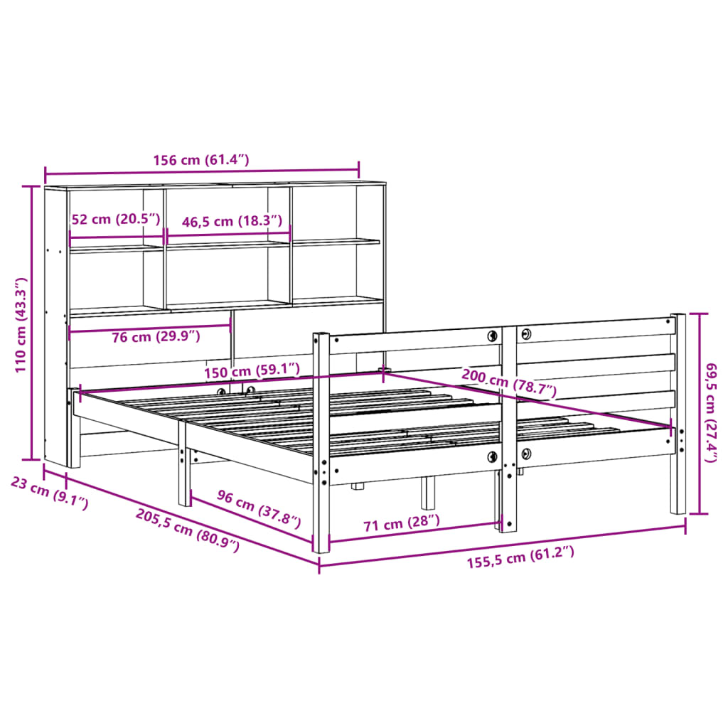 Cama com estante sem colchão 150x200 cm pinho maciço branco