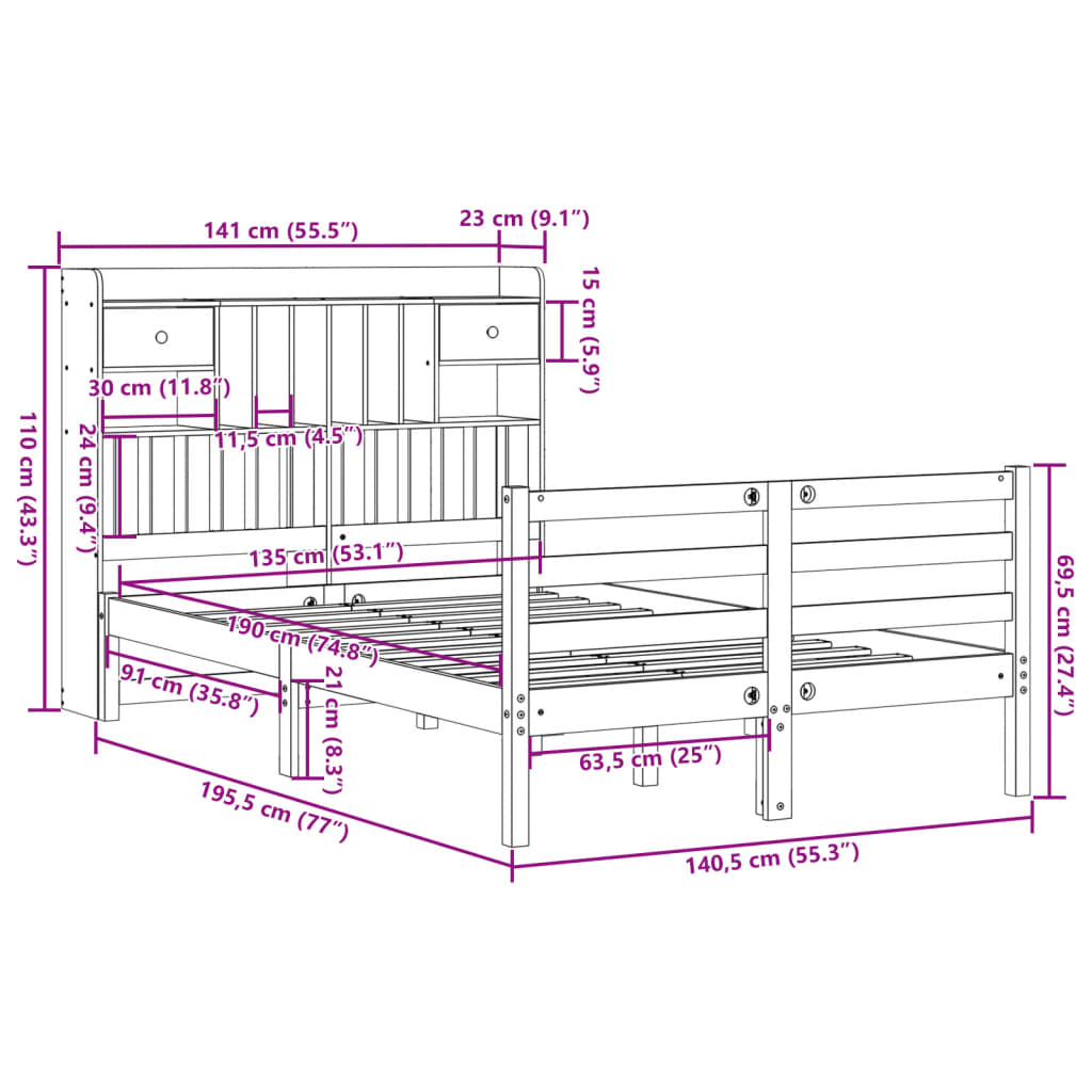 Cama com estante sem colchão 135x190 cm pinho maciço