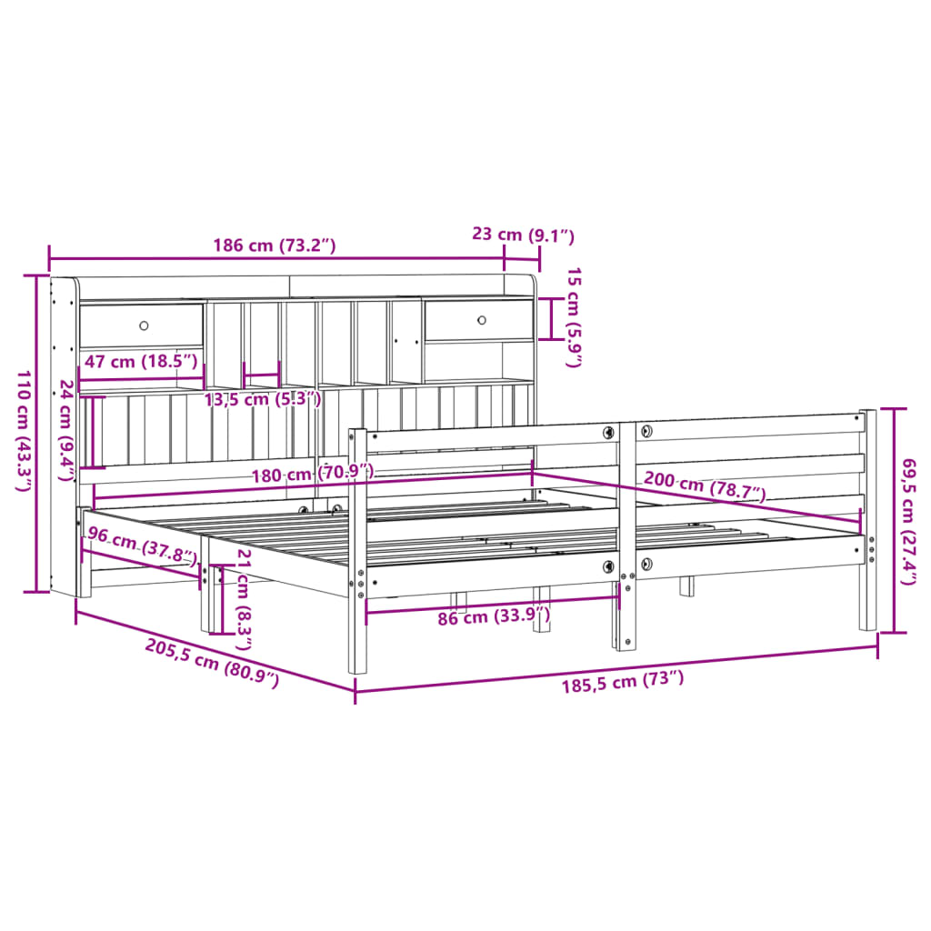 Cama com estante sem colchão 180x200 cm pinho maciço branco