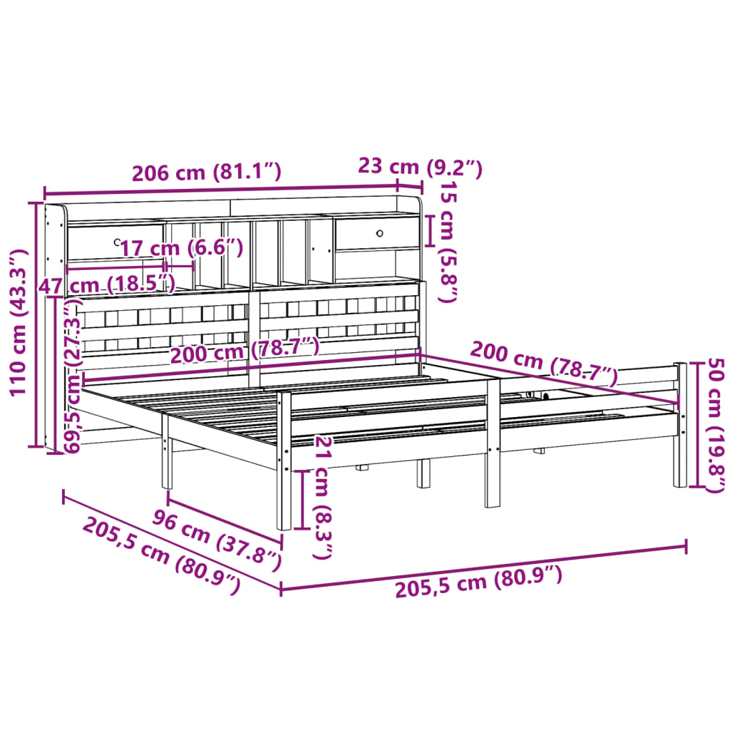 Cama com estante sem colchão 200x200 cm pinho maciço