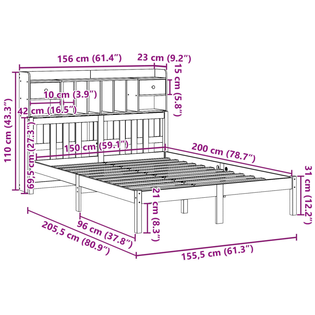 Cama com estante sem colchão 150x200 cm pinho maciço branco