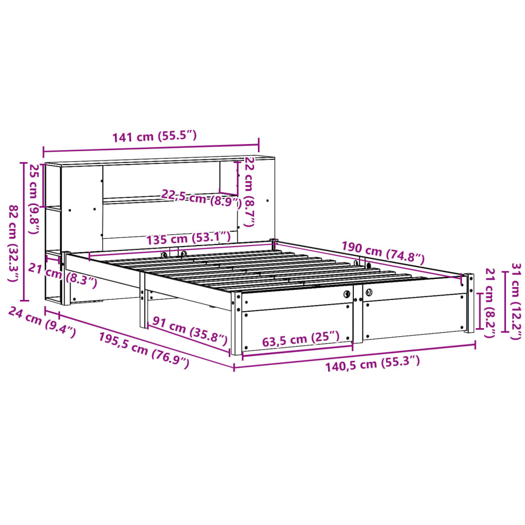 Cama com estante sem colchão 135x190 cm pinho maciço