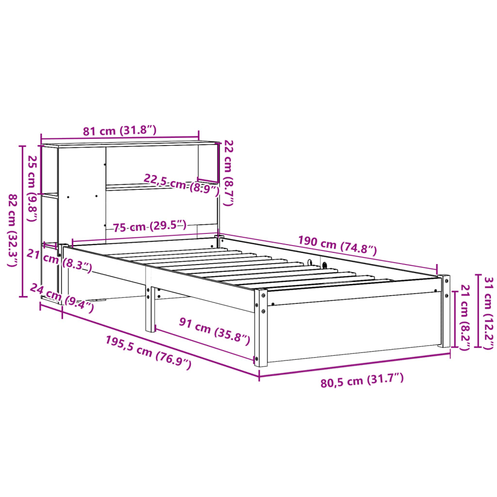 Cama com estante sem colchão 75x190 cm pinho maciço