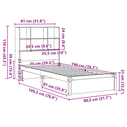 Cama com estante sem colchão 75x190 cm pinho maciço