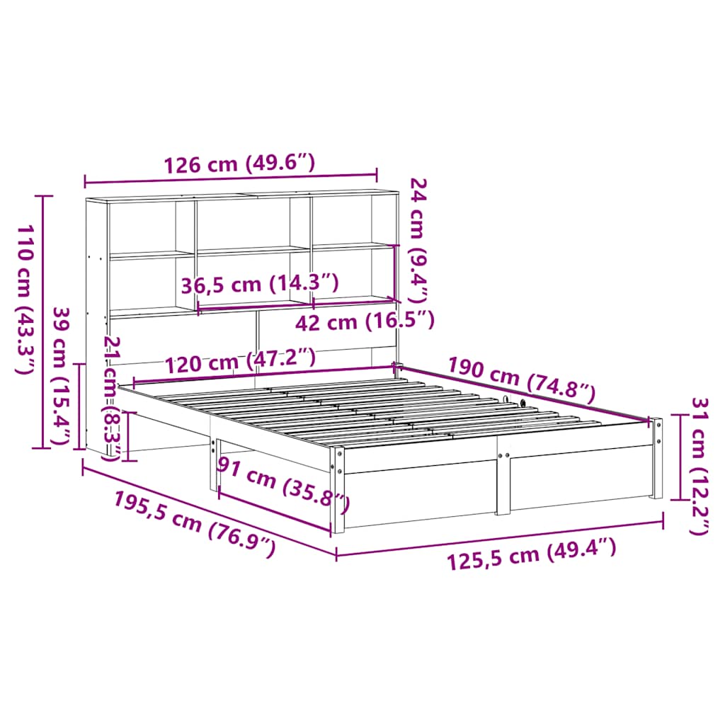 Cama com estante sem colchão 120x190 cm pinho maciço