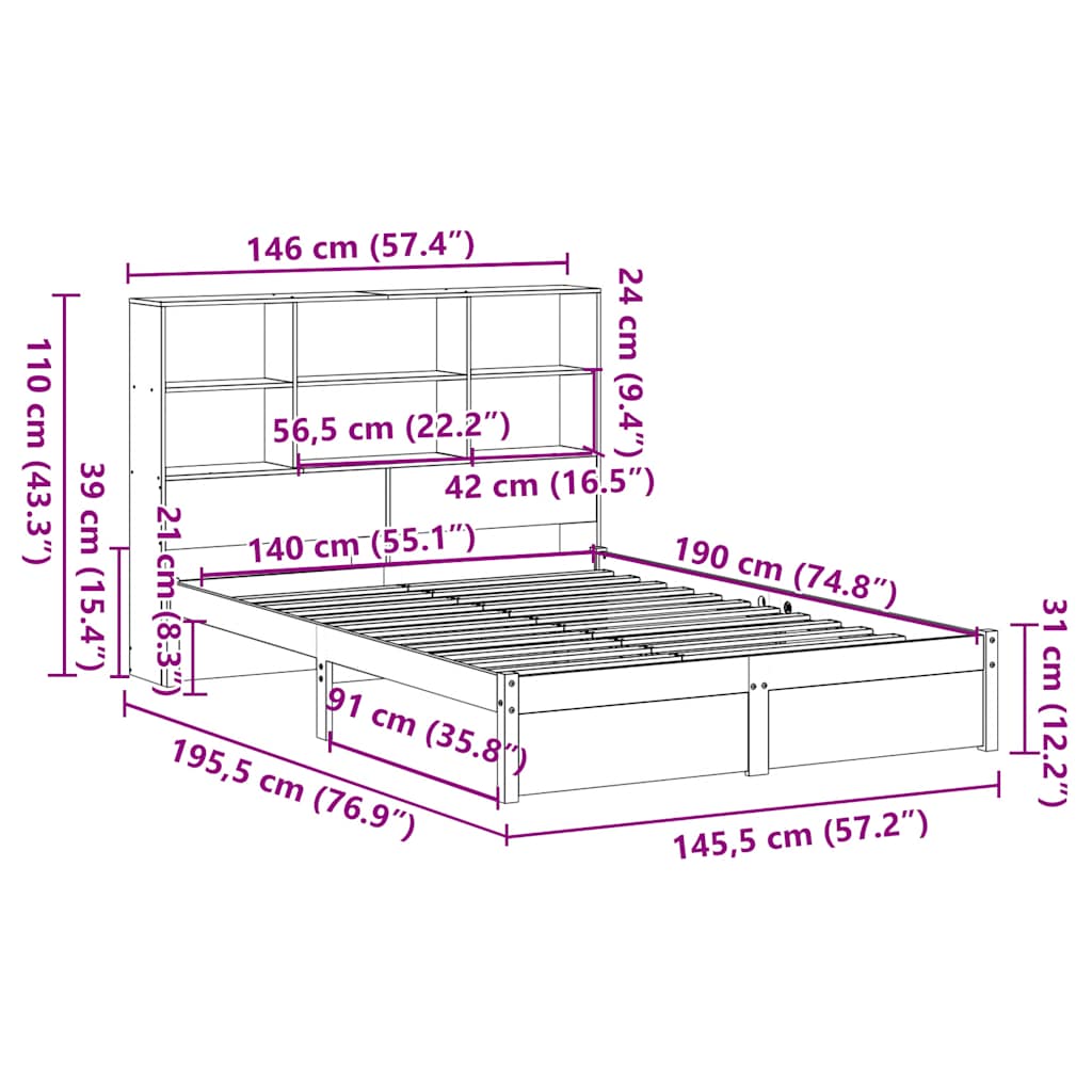 Cama com estante sem colchão 140x190 cm pinho maciço