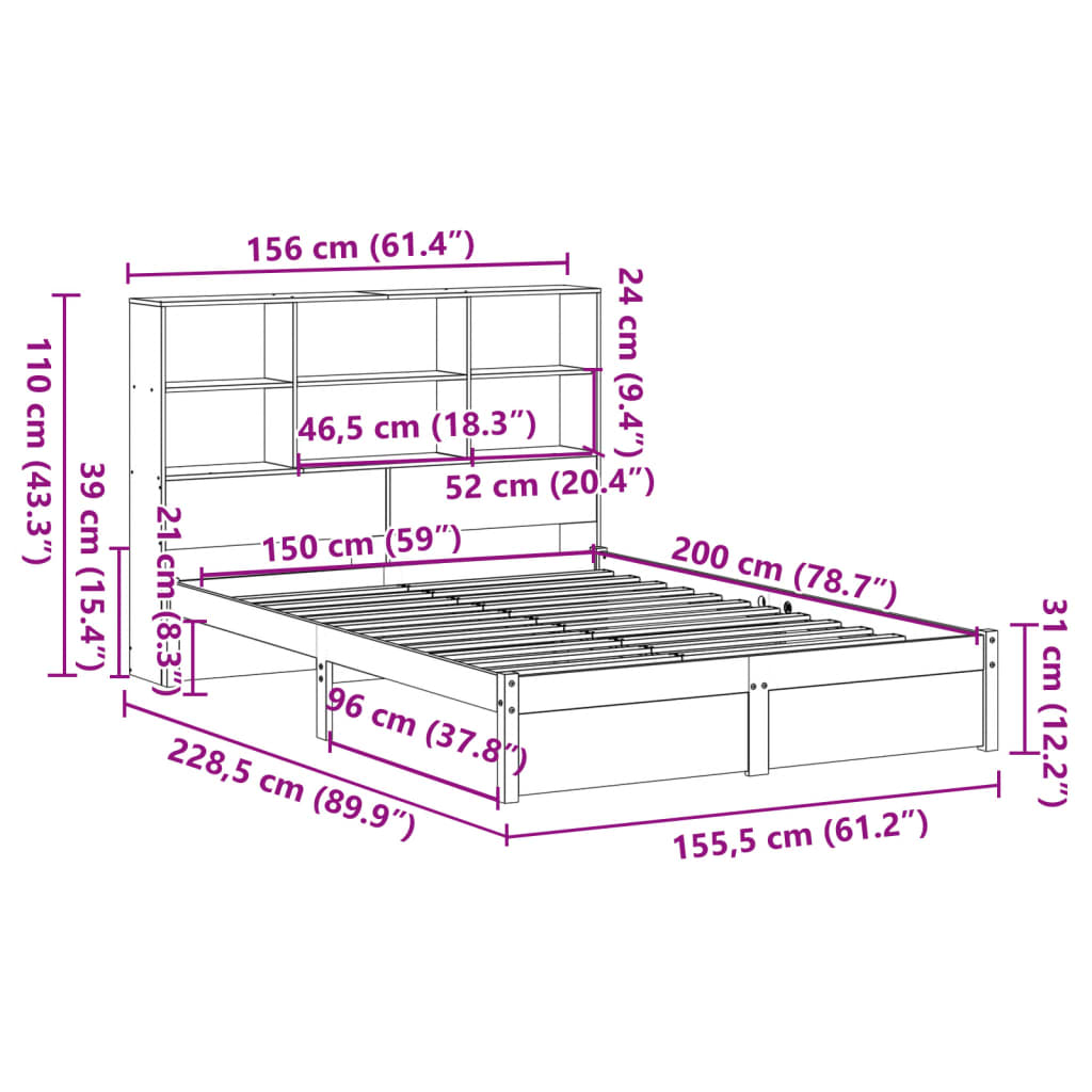 Cama com estante sem colchão 150x200 cm pinho maciço