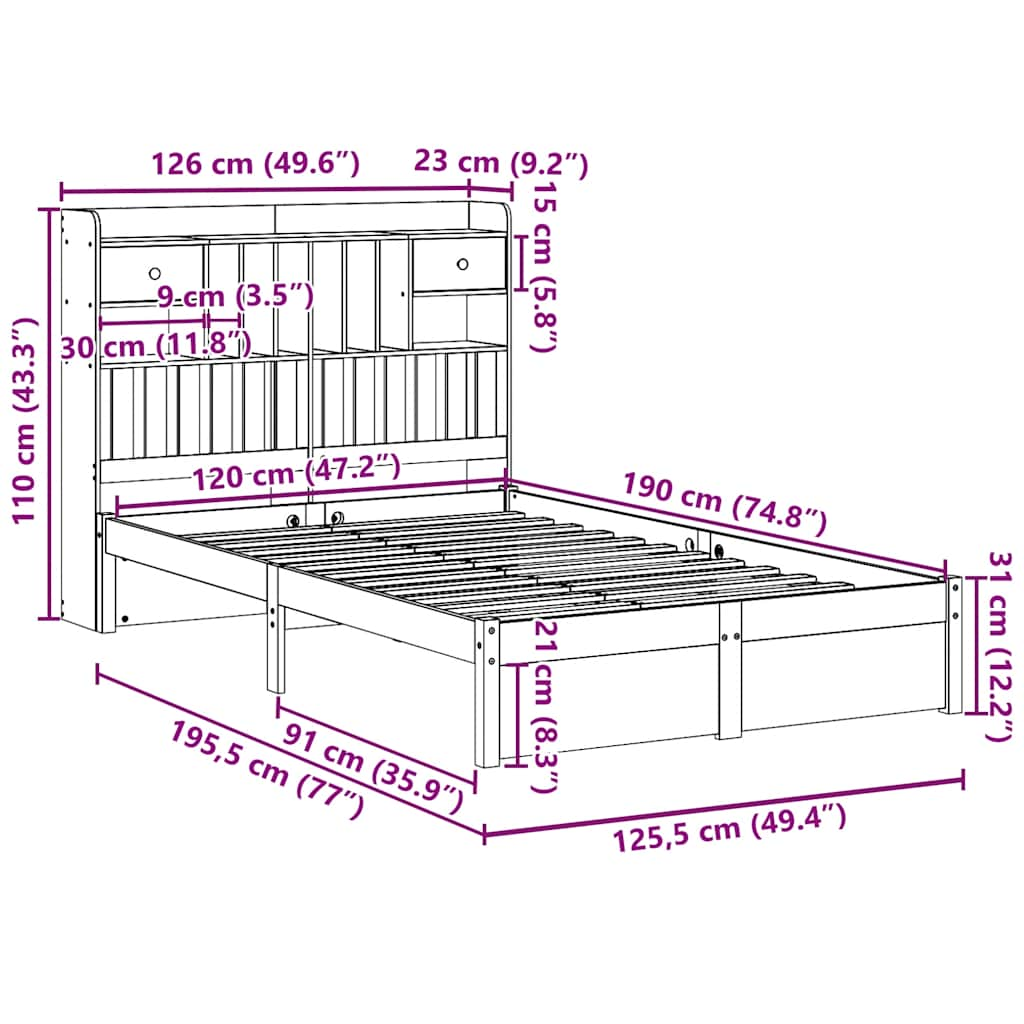 Cama com estante sem colchão 120x190 cm pinho maciço