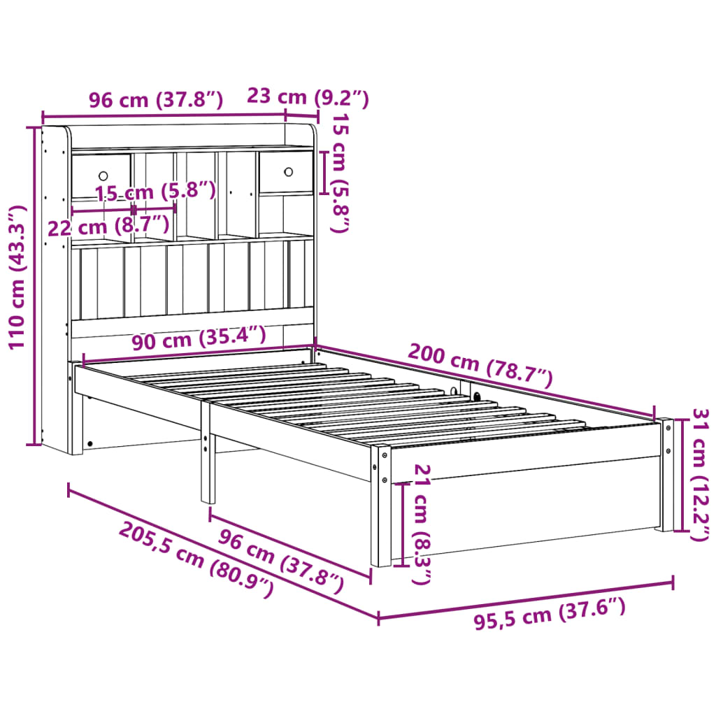 Cama com estante sem colchão 90x200 cm pinho maciço