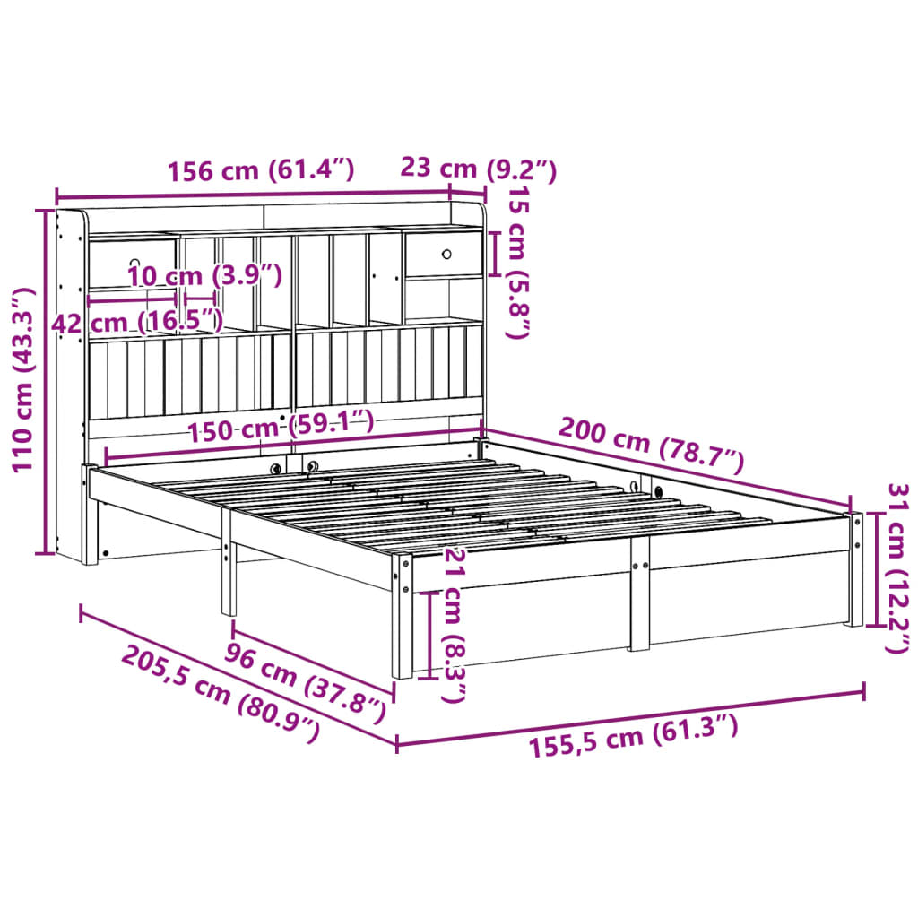 Cama com estante sem colchão 150x200 cm pinho maciço branco